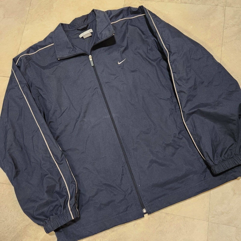 VTG Y2K NIKE Silver Tag Mens XL Navy Full Zip Windbreaker Swoosh Spellout Jacket